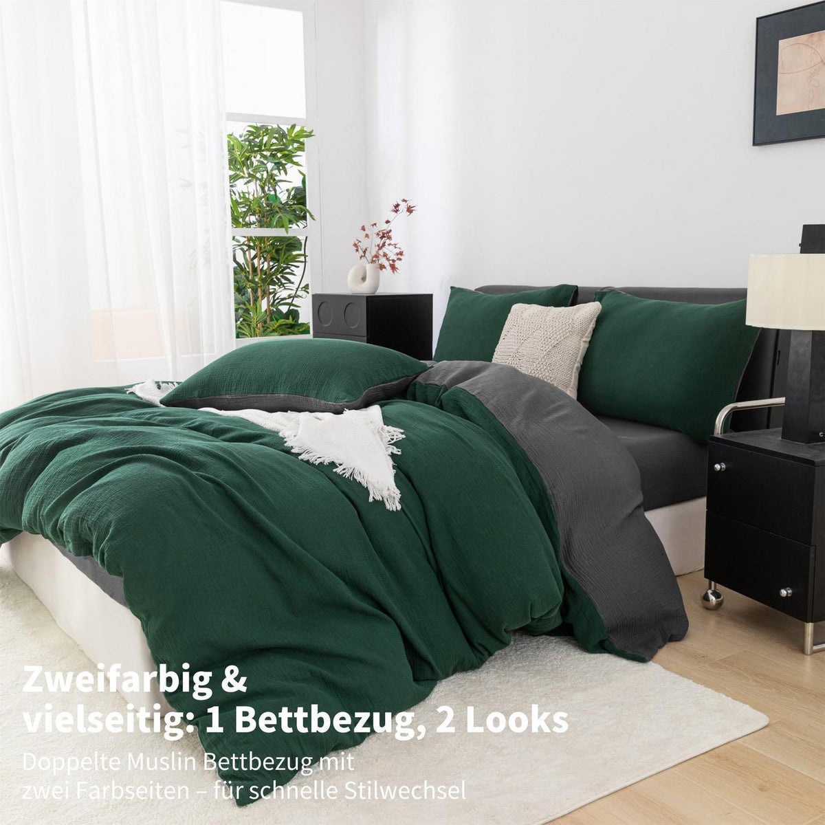 Doppelte Muslin Bettwäsche 200x220 Dunkelgrün Grau – 3-teilig