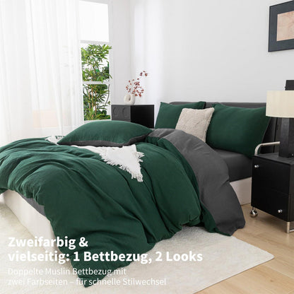 Doppelte Muslin Bettwäsche 200x220 Dunkelgrün Grau – 3-teilig