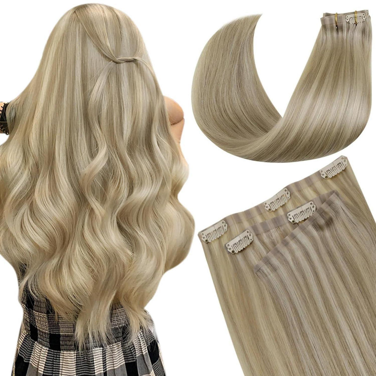 Clip-in Echthaar Extensions Aschblond Highlights 50cm