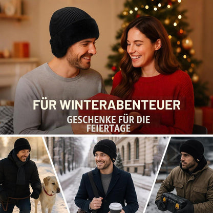 Wasserfeste Merino-Wollmütze mit Ohrenklappen Schwarz XL-XXL