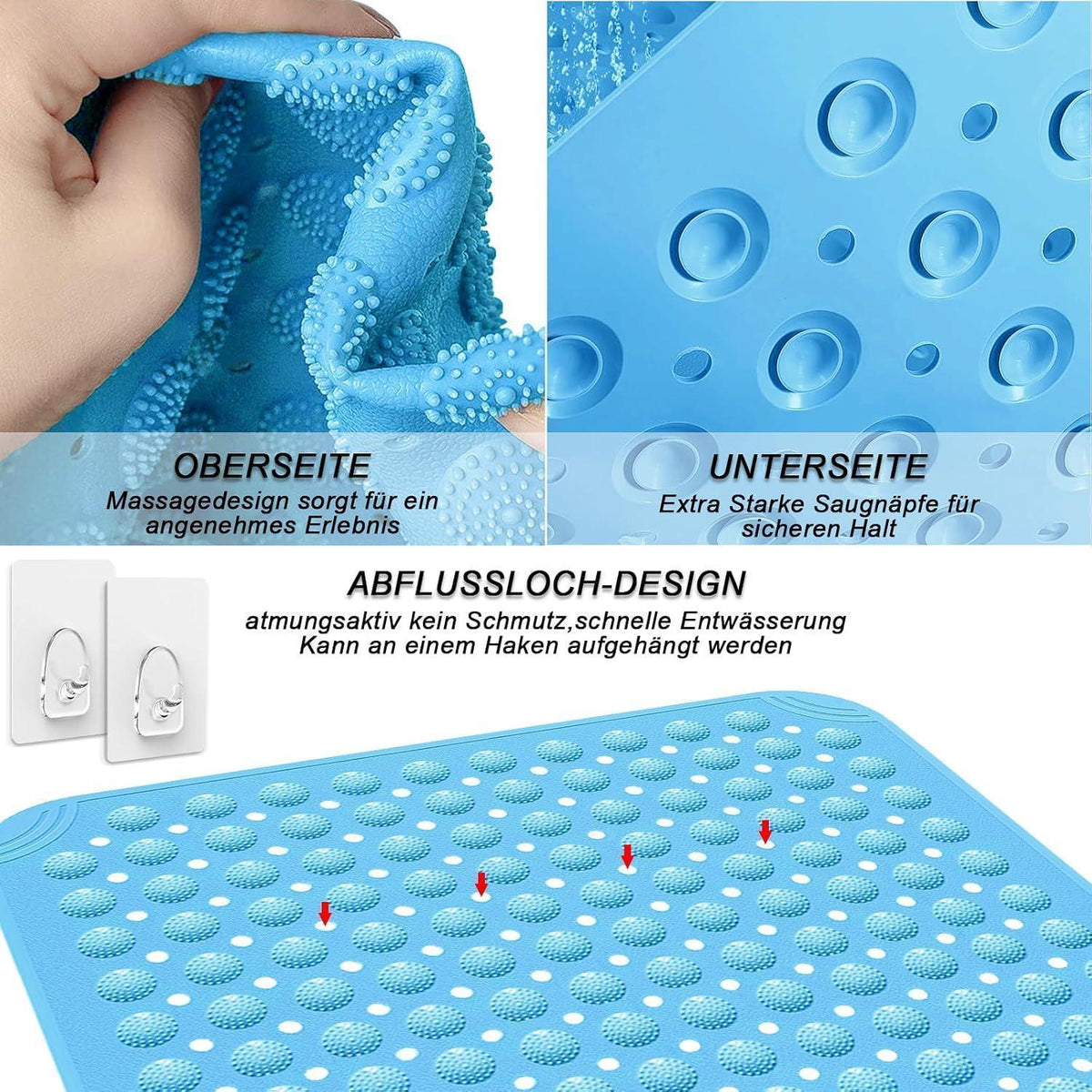 Rutschfeste Duschmatte 80x80 cm – Meeresblau mit Haken