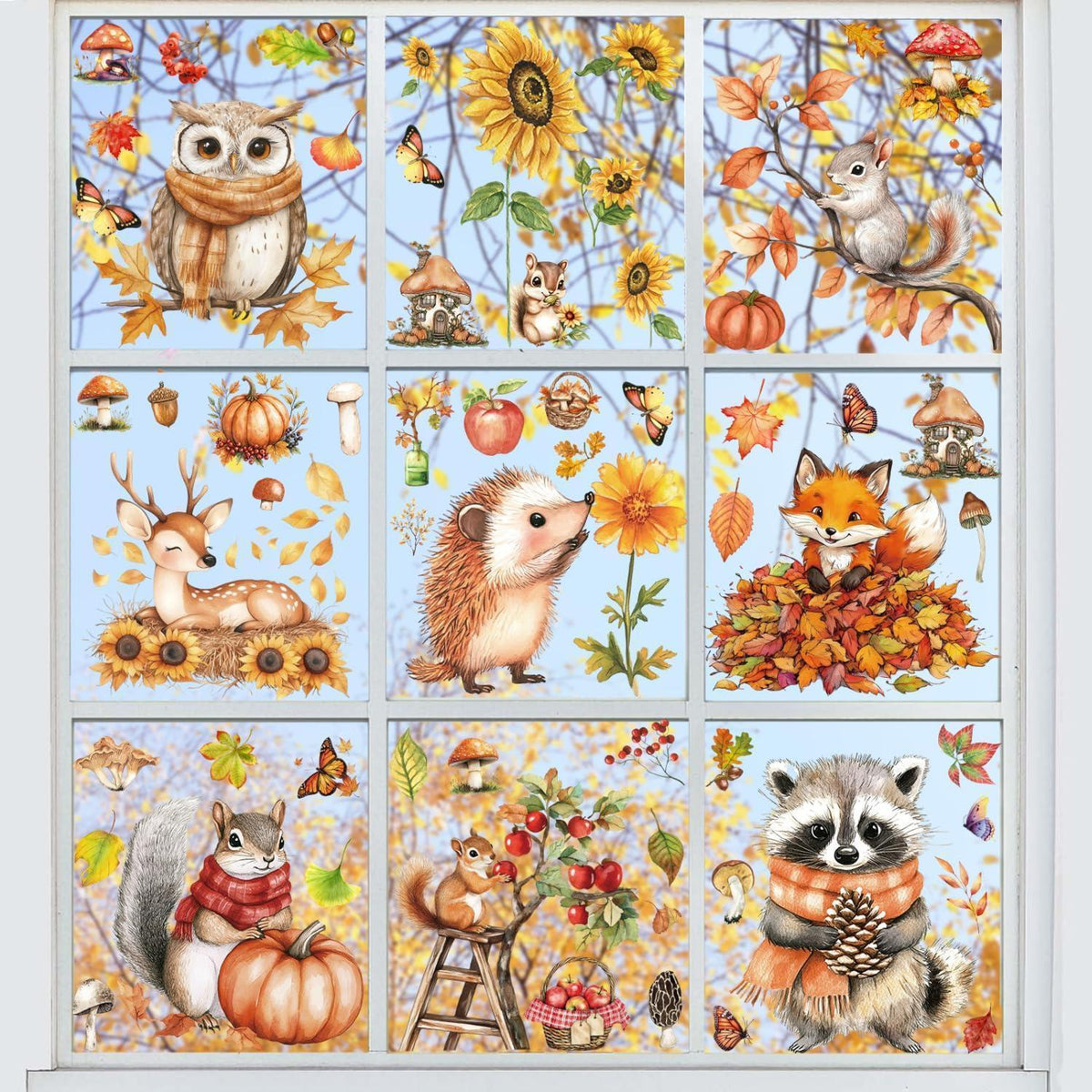 Herbst Fensterbilder Selbstklebend – Fensterdeko mit Eicheln & Eichhörnchen