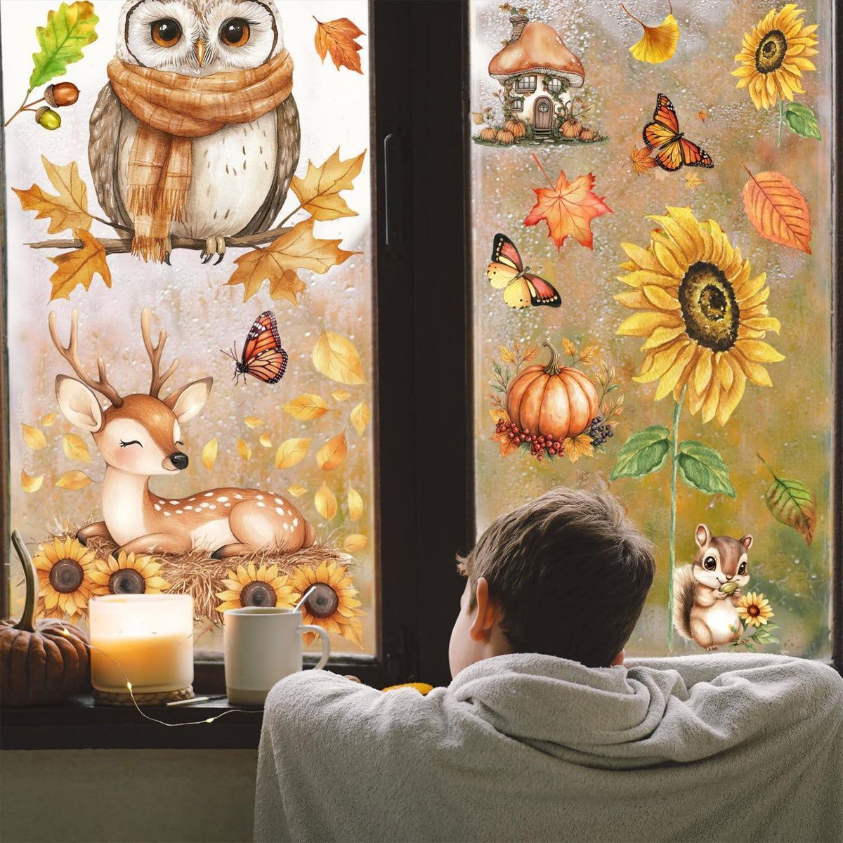 Herbst Fensterbilder Selbstklebend – Fensterdeko mit Eicheln & Eichhörnchen