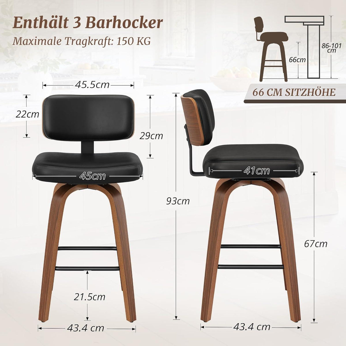 Drehbarer Barhocker 3er Set mit Lehne – Schwarz
