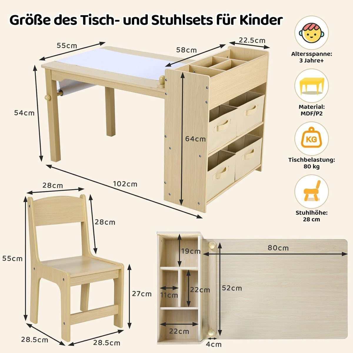 Kindertisch mit 2 Stühlen, Maltisch & Basteltisch, Gelb
