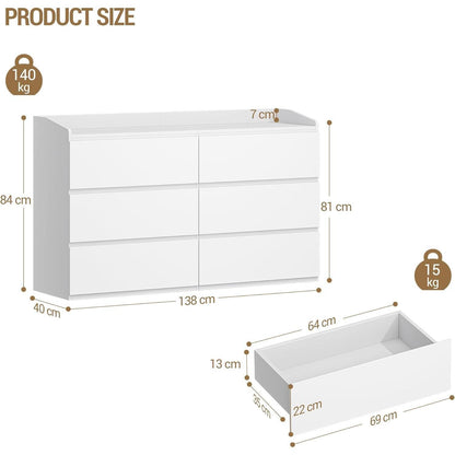 Kommode 138 cm mit 6 Schubladen & Arbeitsfläche Weiß