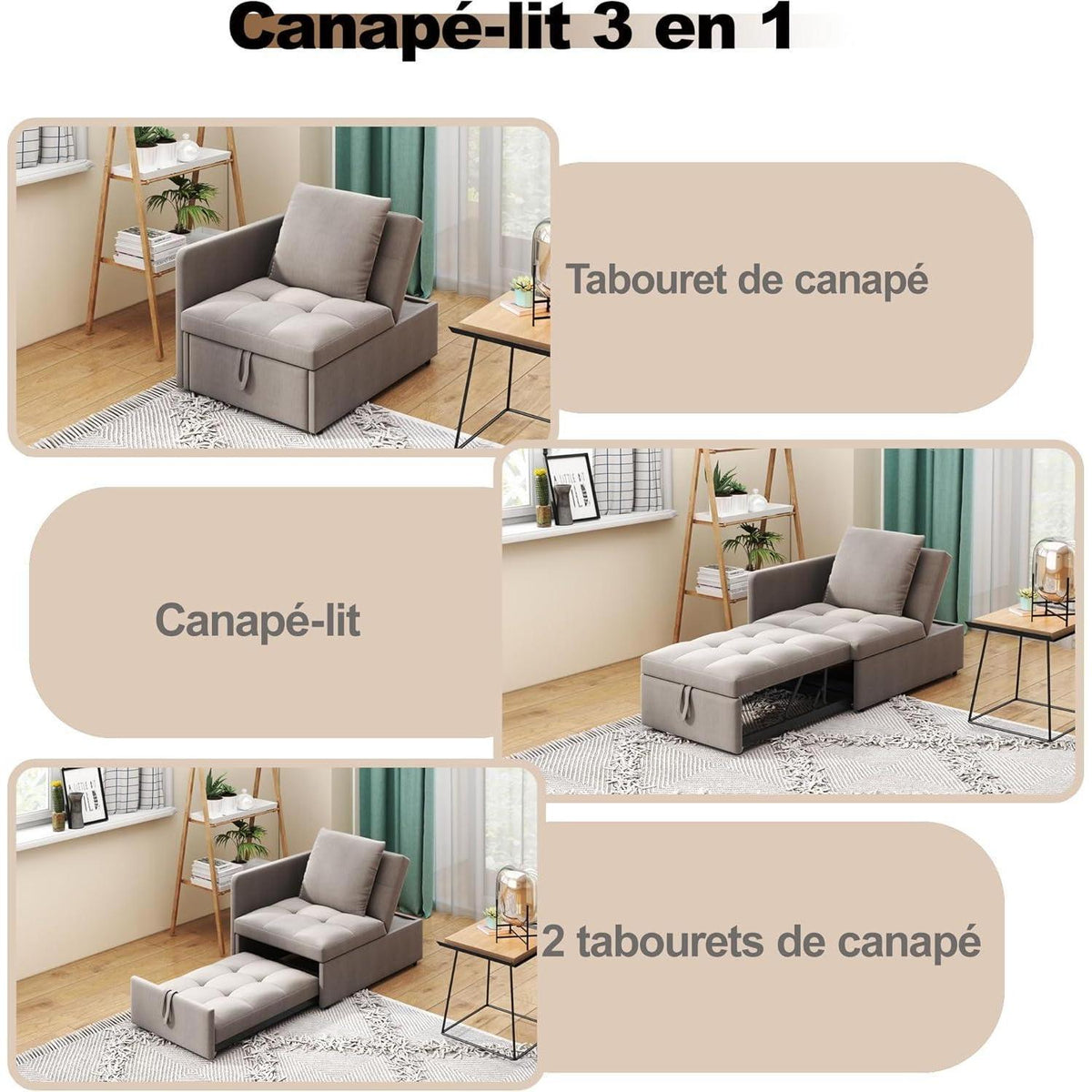Schlafsofa Klein – 3-in-1 Schlafsessel mit Bettfunktion (Grau)