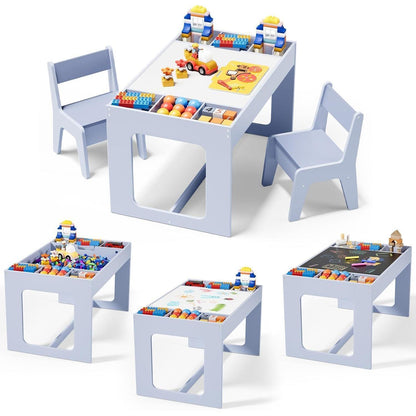 Kindertisch mit 2 Stühlen und Stauraum, wendbare Tischplatte, Blau
