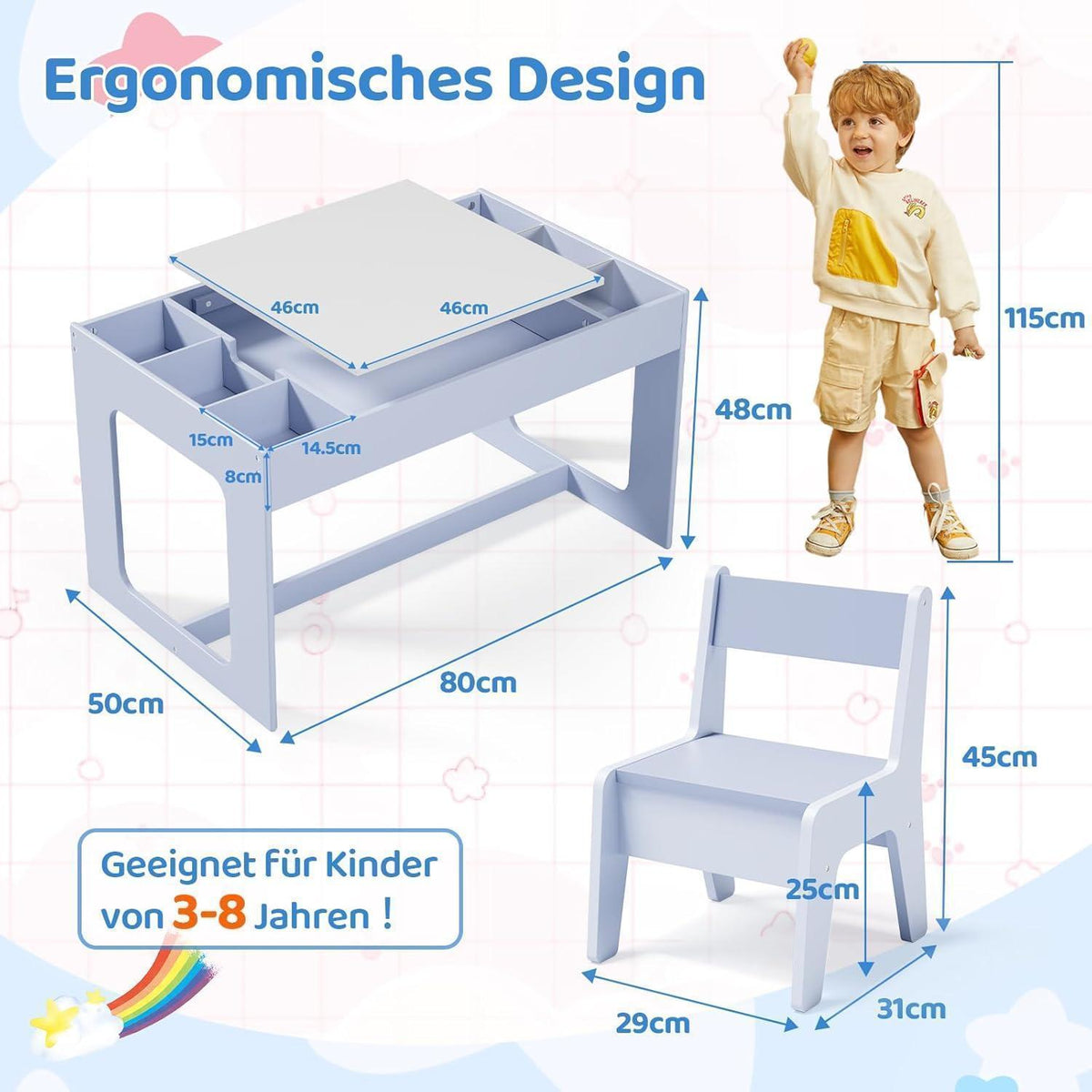 Kindertisch mit 2 Stühlen und Stauraum, wendbare Tischplatte, Blau