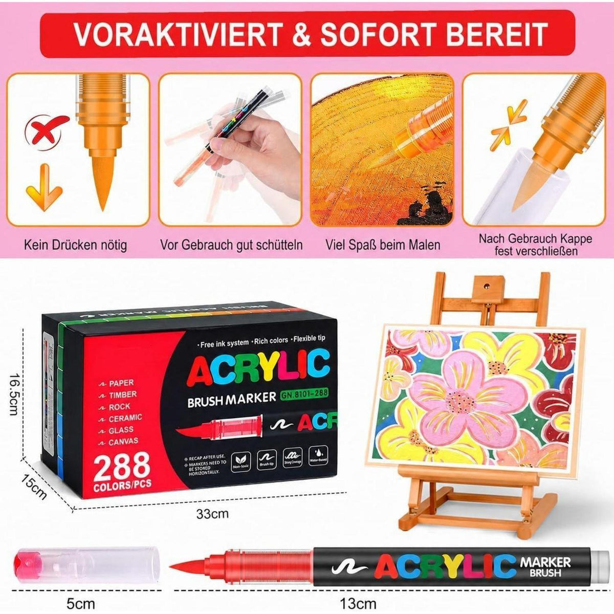 Acrylstifte Set 288 Farben mit Pinselspitze – Wasserfest & Vielseitig