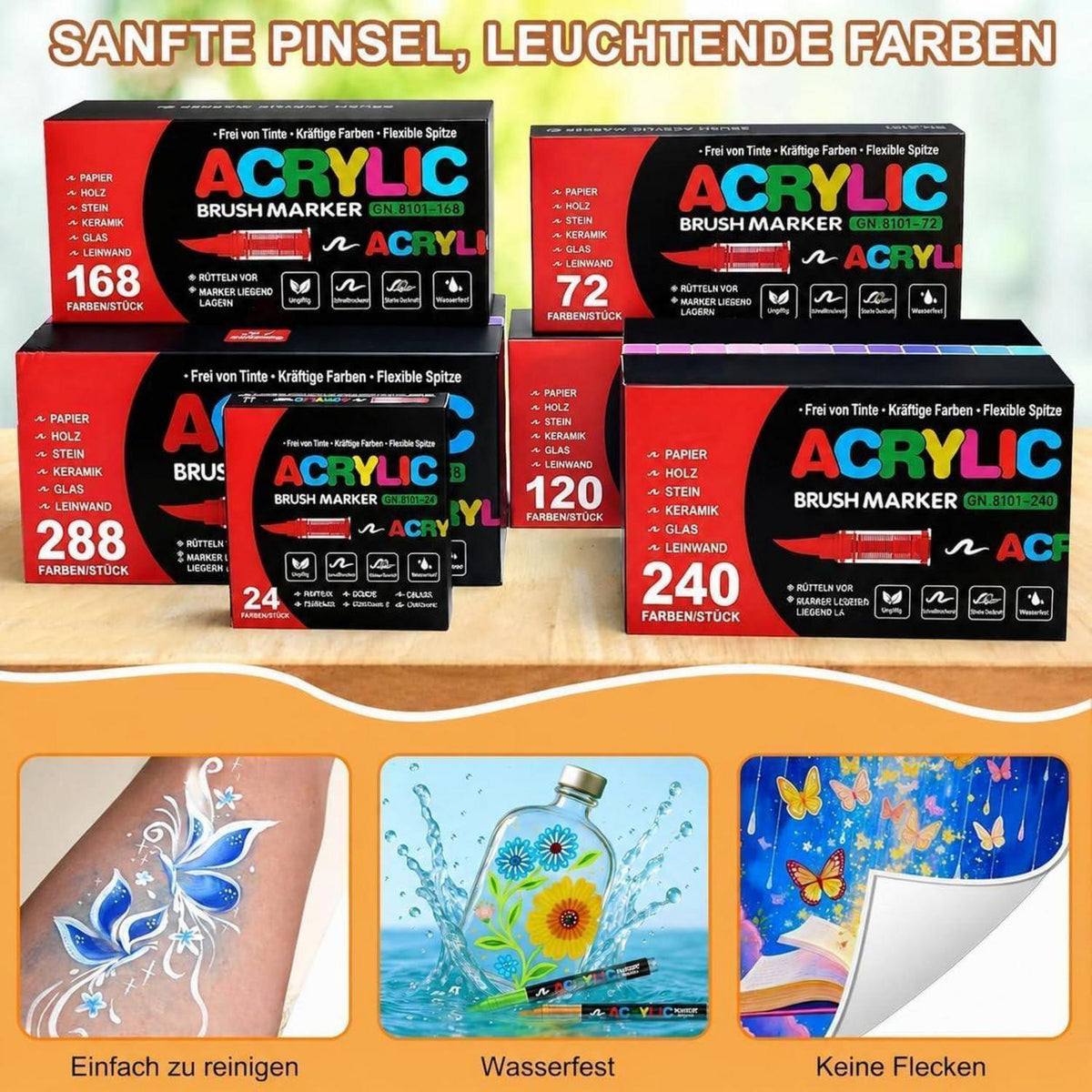 Acrylstifte Set 168 Farben – Pinselspitze für Steine, Glas & mehr