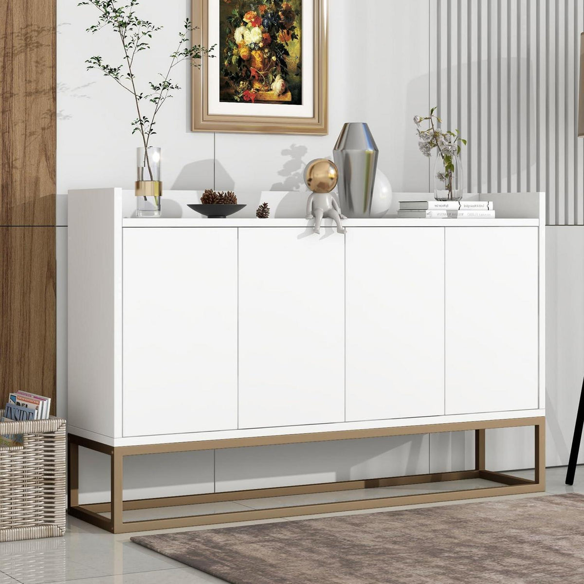 Weißes Sideboard mit 4 Türen & Metallbeinen – 120x30x80 cm