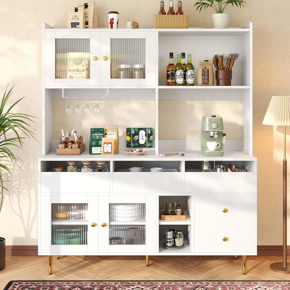 Hochschrank mit Glastür & Weinregal – Weiß mit Gold | 145x39x171cm