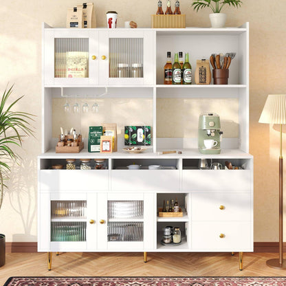 Hochschrank mit Glastür & Weinregal – Weiß mit Gold | 145x39x171cm
