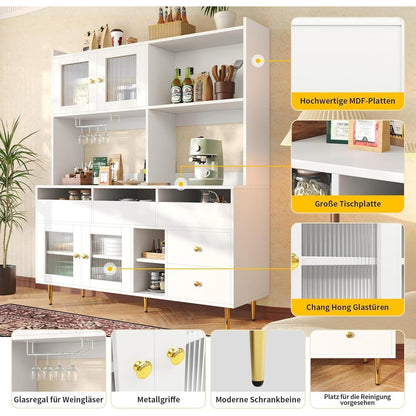 Hochschrank mit Glastür & Weinregal – Weiß mit Gold | 145x39x171cm
