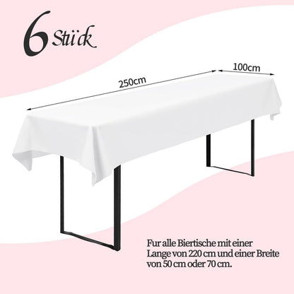 6x Biertischdecke Weiß, 250x100cm, Wasserabweisend & Waschbar