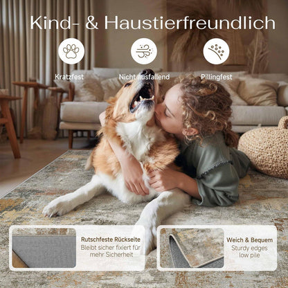 Abstraktes Wohnzimmer Teppich 240x300 cm – Vintage Orange-Grau