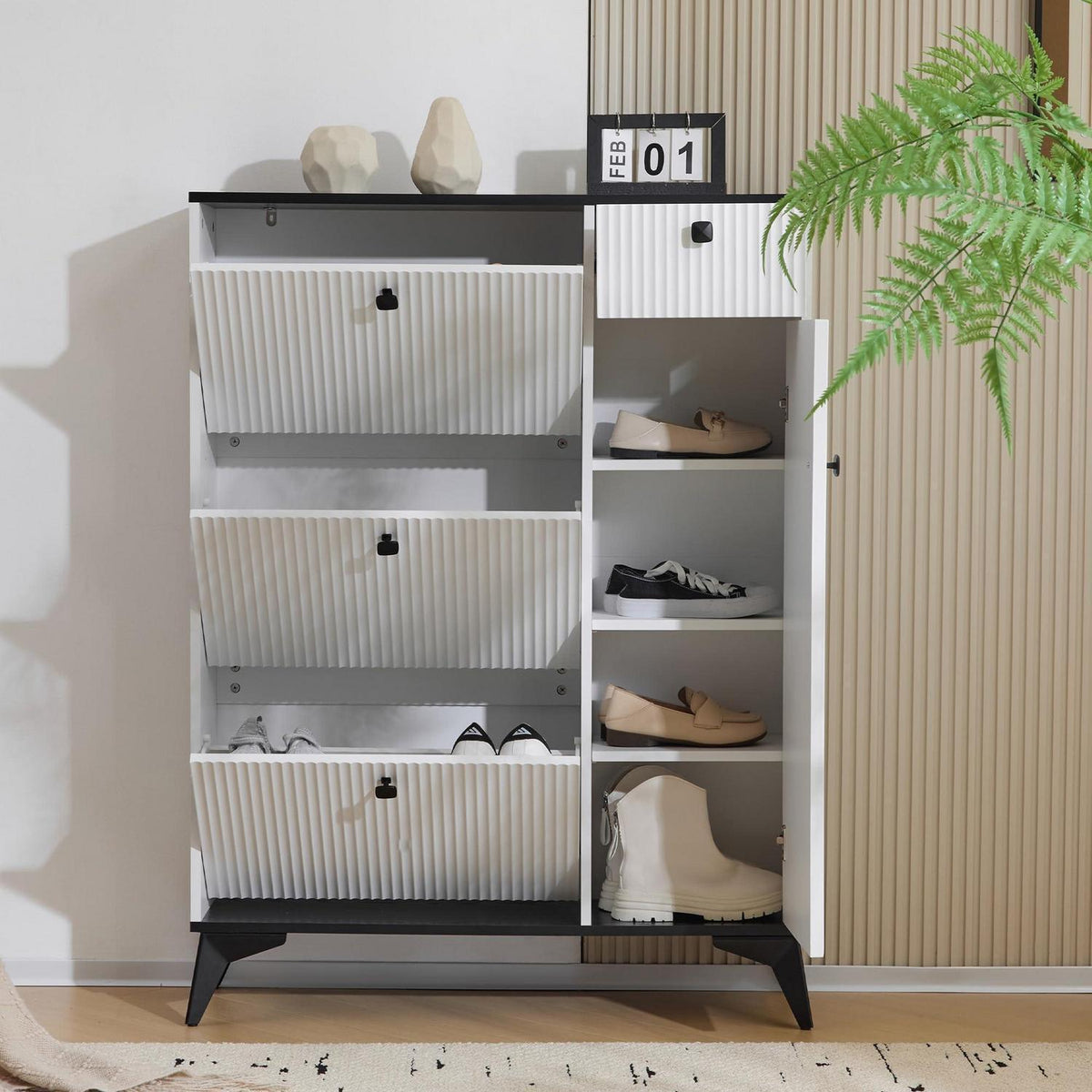 Schmaler Schuhschrank mit Klappen & Schublade – Weiß