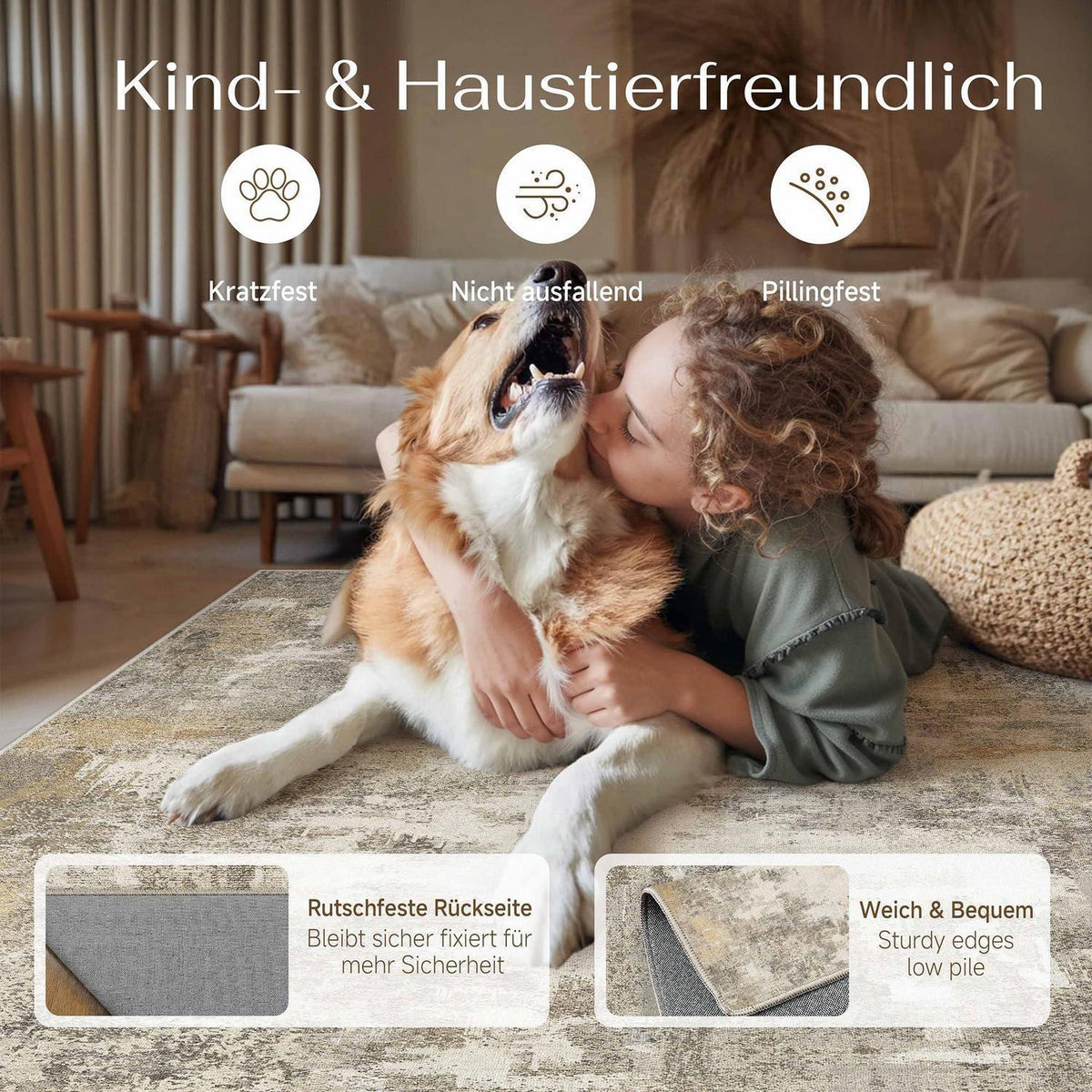 Abstrakt Teppich Braun-Grau 200x300cm Rutschfest Kurzflor