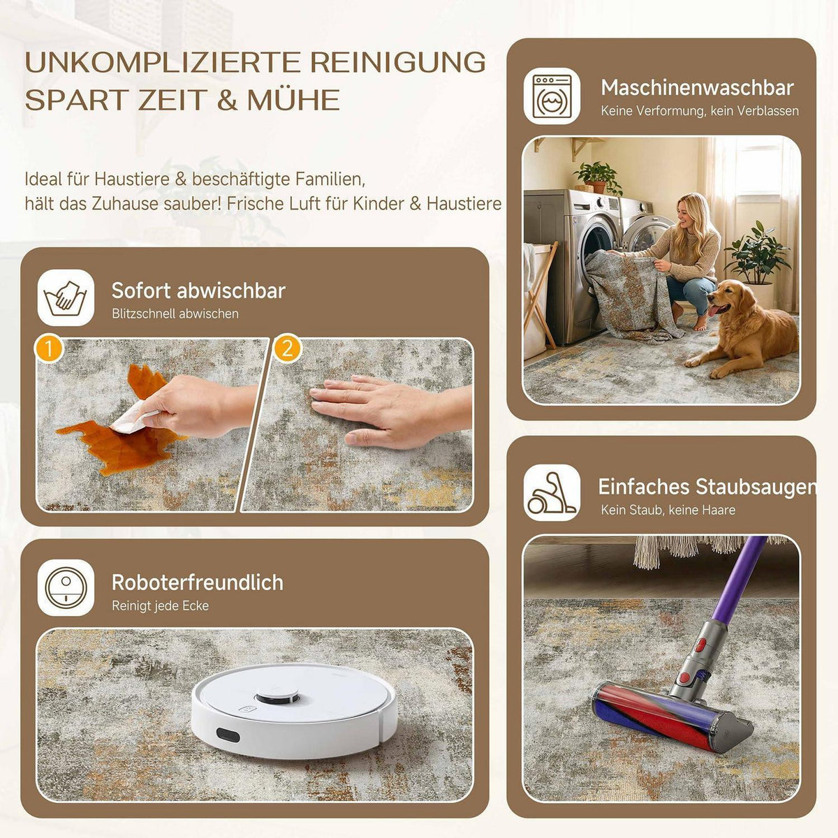 Abstraktes Wohnzimmer Teppich 200x300cm – Rutschfest, Waschbar, Orange-Grau