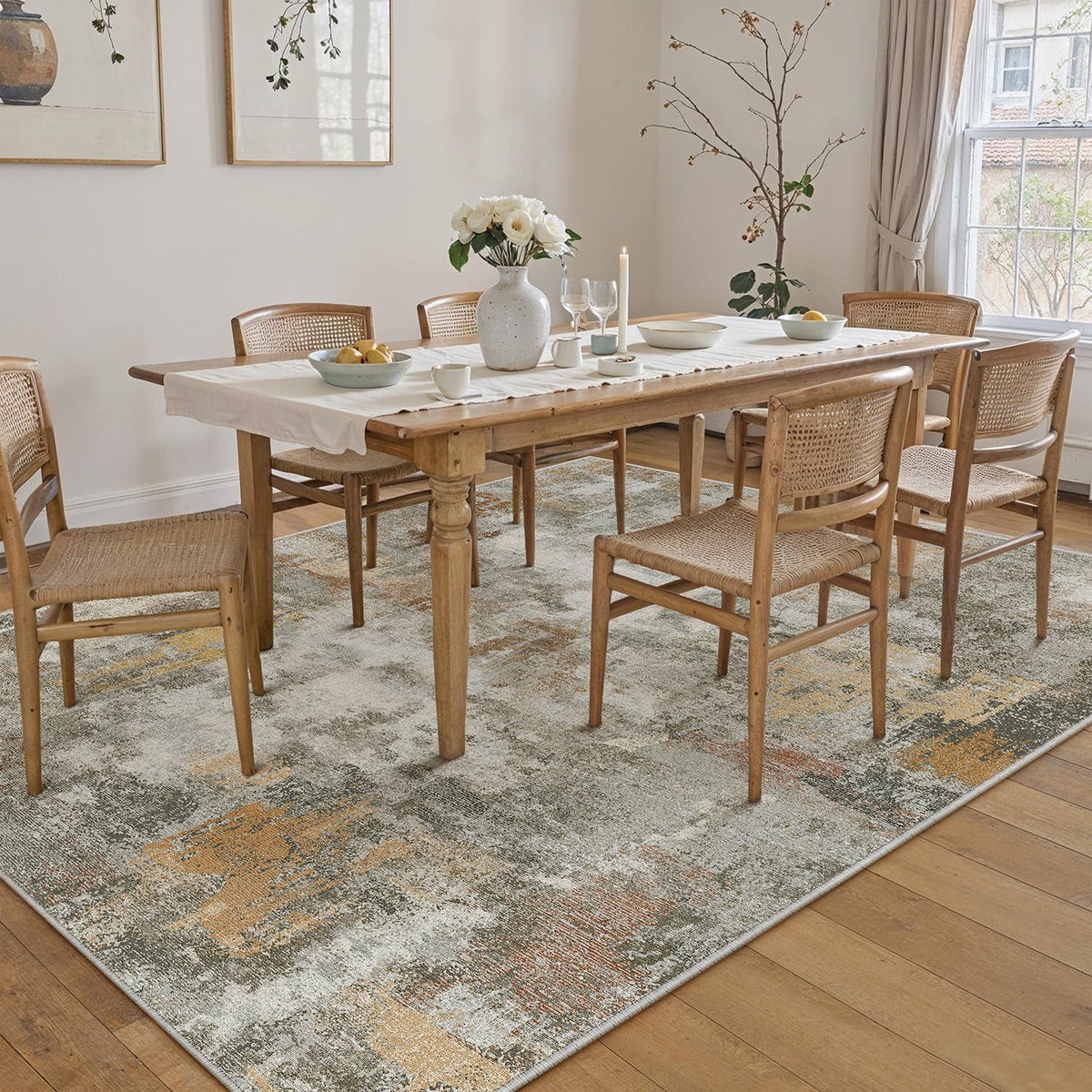 Abstraktes Wohnzimmer Teppich 160x230cm – Rutschfest, Waschbar, Orange-Grau