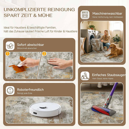 Abstraktes Wohnzimmer Teppich 160x230cm – Rutschfest, Waschbar, Orange-Grau