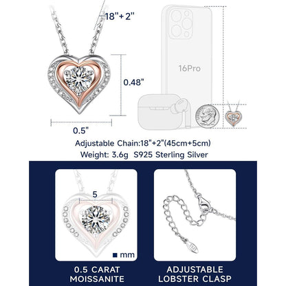 MomentWish Halskette Herz 925 Silber Moissanit 0,5 Karat Rosegold Geschenk