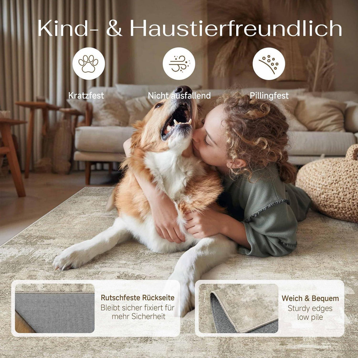 Vintage Teppich Beige 240x300 cm - Waschbar & Rutschfest