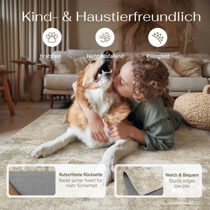 Vintage Teppich Beige 240x300 cm - Waschbar & Rutschfest