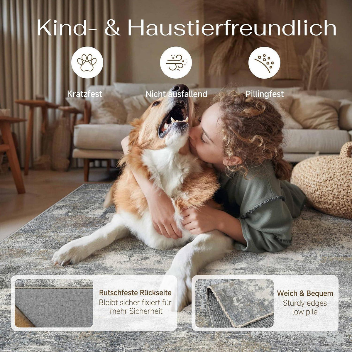 Abstraktes Wohnzimmer Teppich Blau-Grau 240x300 cm Waschbar