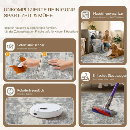 Abstraktes Wohnzimmer Teppich Blau-Grau 240x300 cm Waschbar