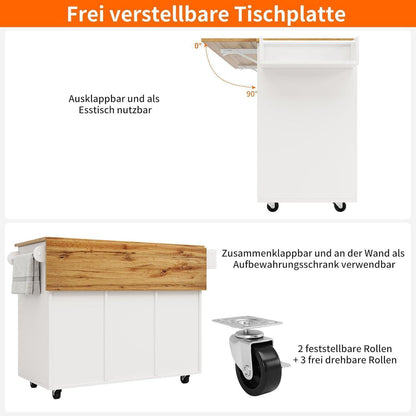 Klappbare Kücheninsel mit Stauraum & Esstischfunktion Weiß