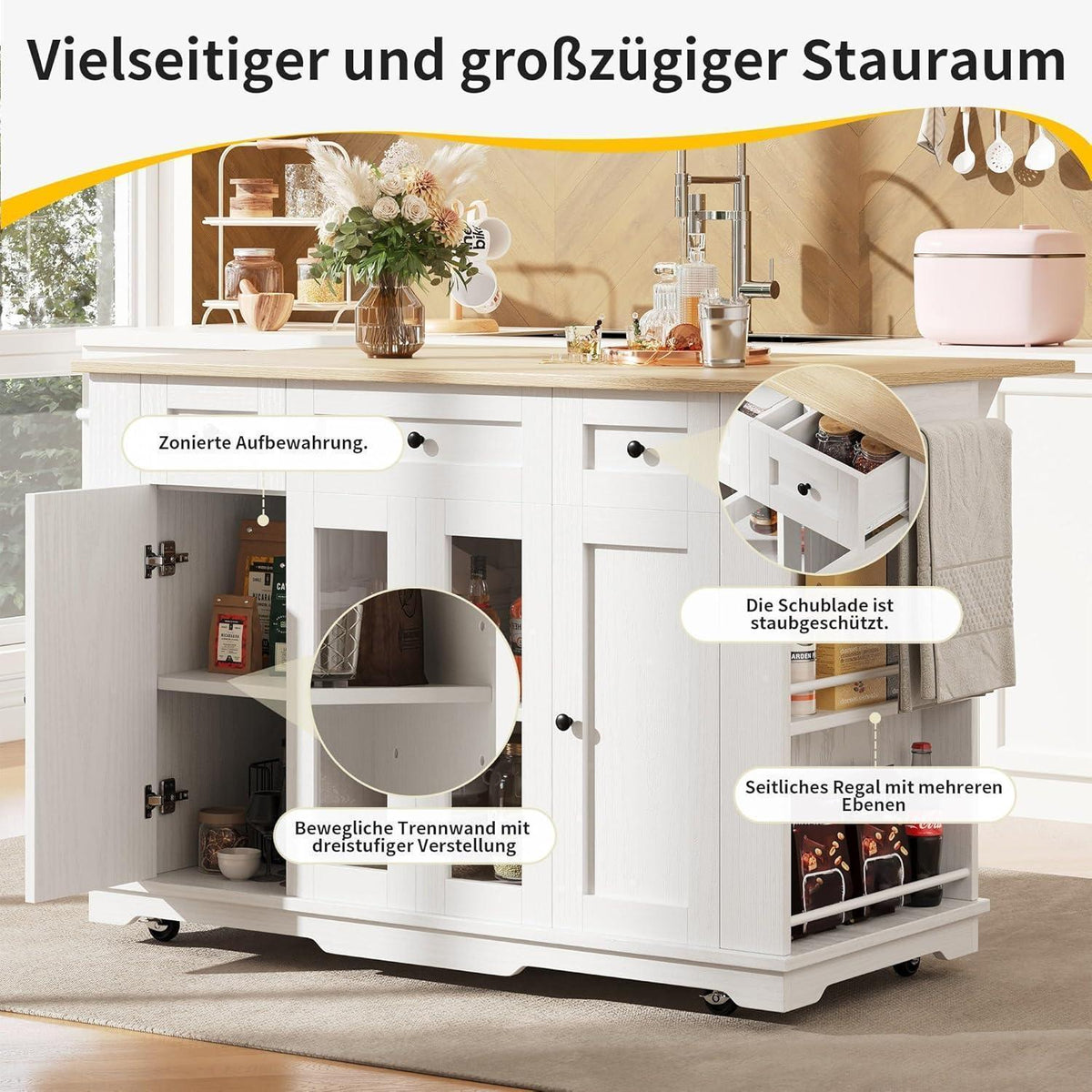 Kücheninsel mit abnehmbaren Trennwänden & Glasausstattung