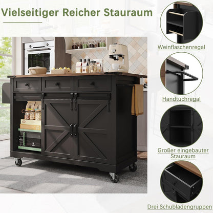 Kücheninsel mit Ausziehtisch & Rollen – Schwarz