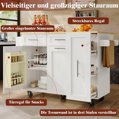 Multifunktionale Kücheninsel mit klappbarem Tisch & Stauraum, Weiß