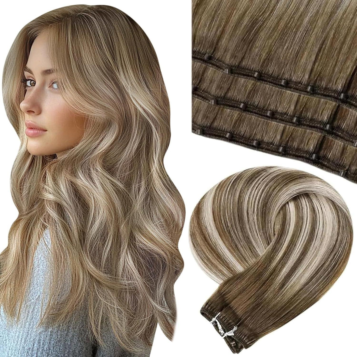 Echthaar Micro Weft Extensions Braun Blond 55cm