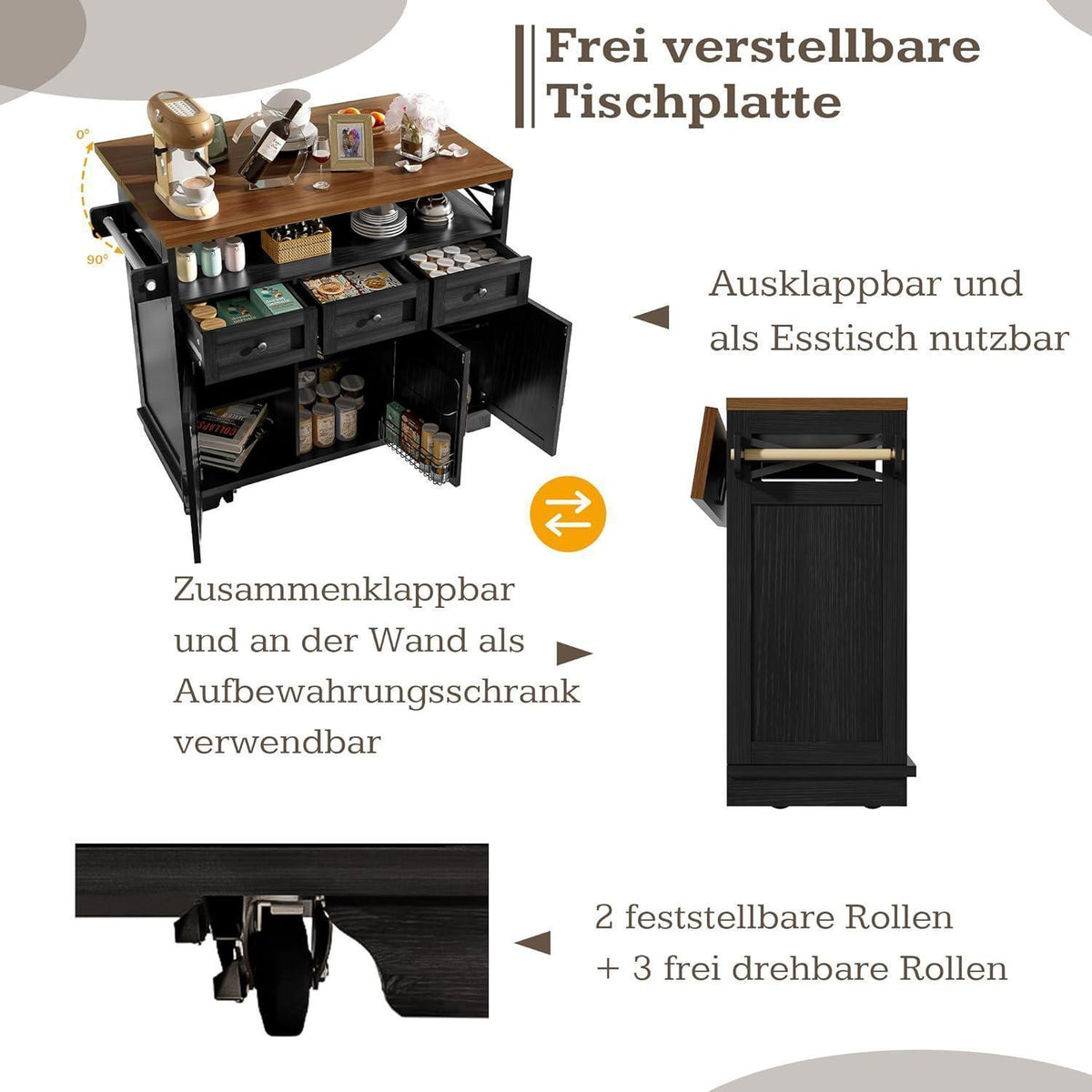 Kücheninsel mit Rädern – Esswagen mit Stauraum & Handtuchhalter Schwarz