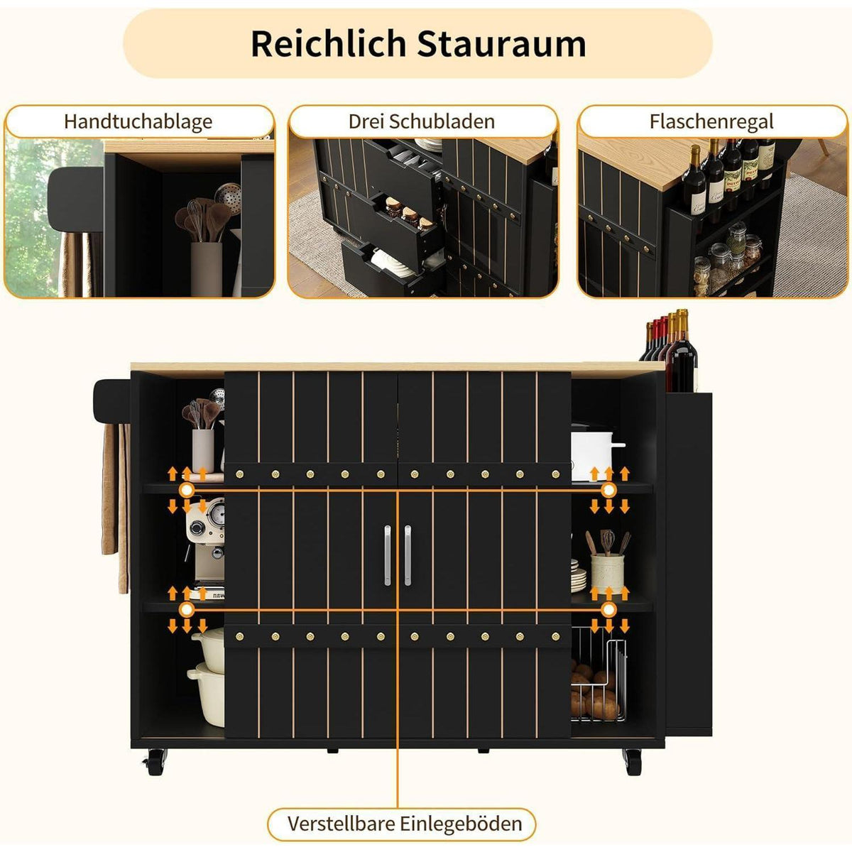 Küchenwagen mit Rollen & klappbarer Tischplatte Schwarz