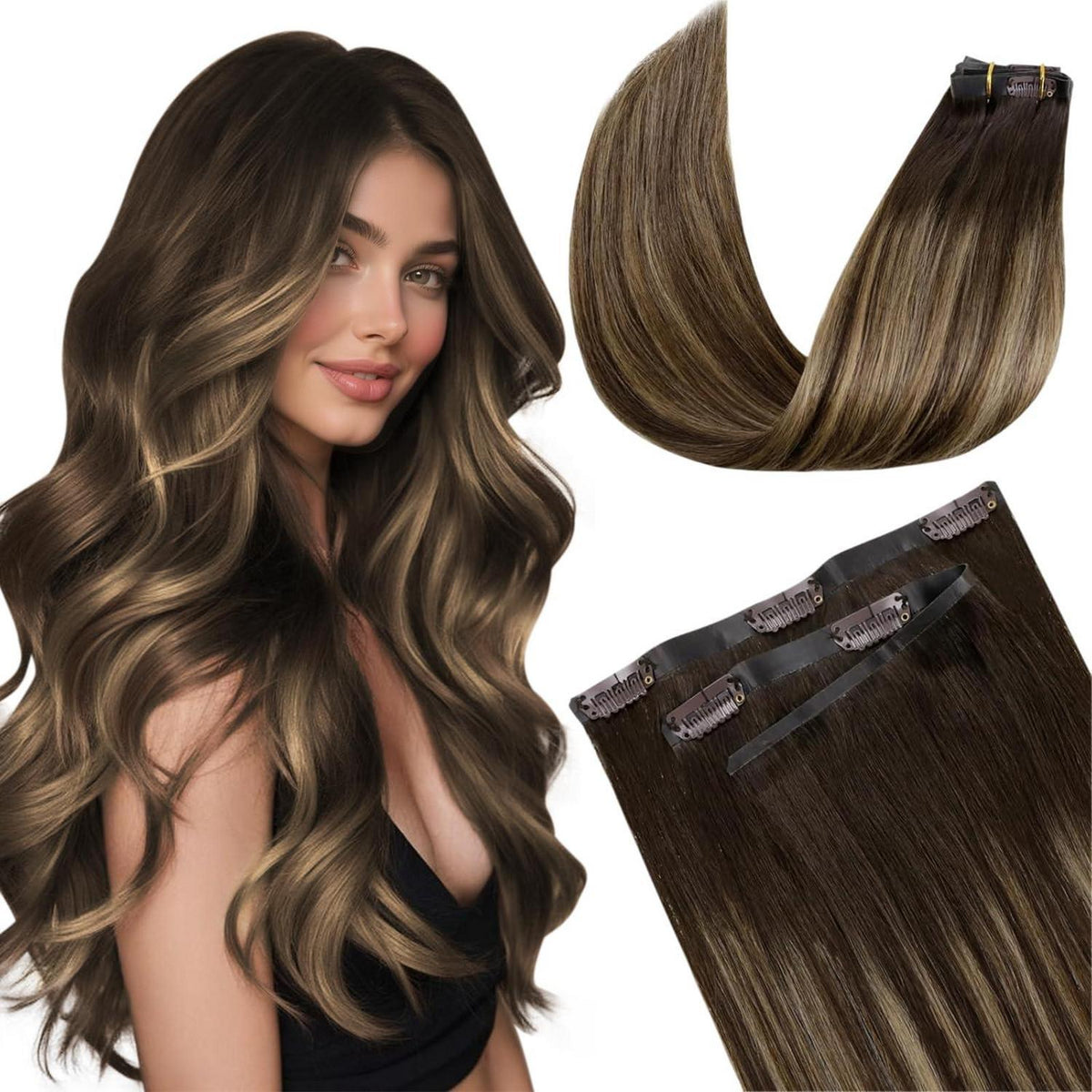 Echthaar Clip-in Extensions Braun Balayage 50cm