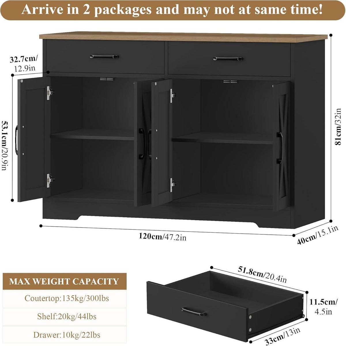 HOCSOK Sideboard 120cm – Küchenschrank mit Arbeitsplatte & Stauraum