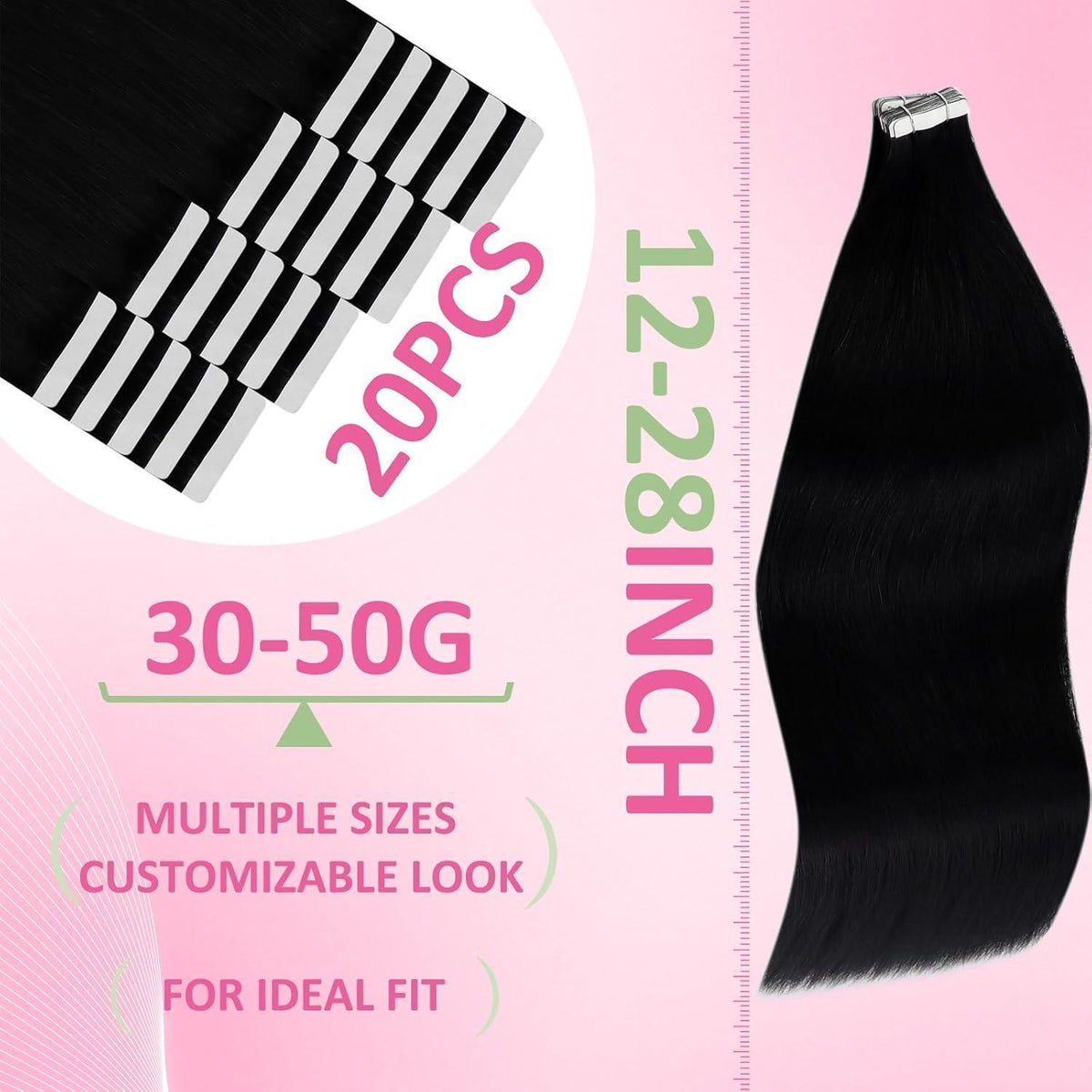 Echthaar Tape Extensions Schwarz - 40cm, 50g Remy