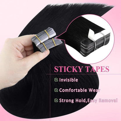 Echthaar Tape Extensions Schwarz - 40cm, 50g Remy