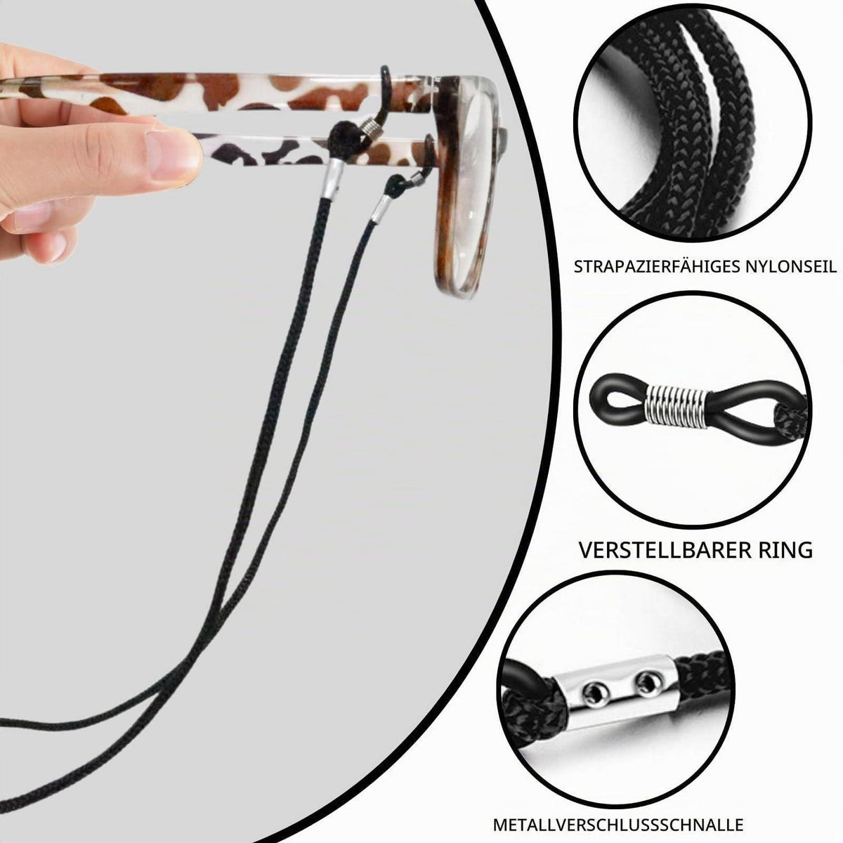 8x Brillenband Nylon Schwarz – Einstellbar & Mit Tuch
