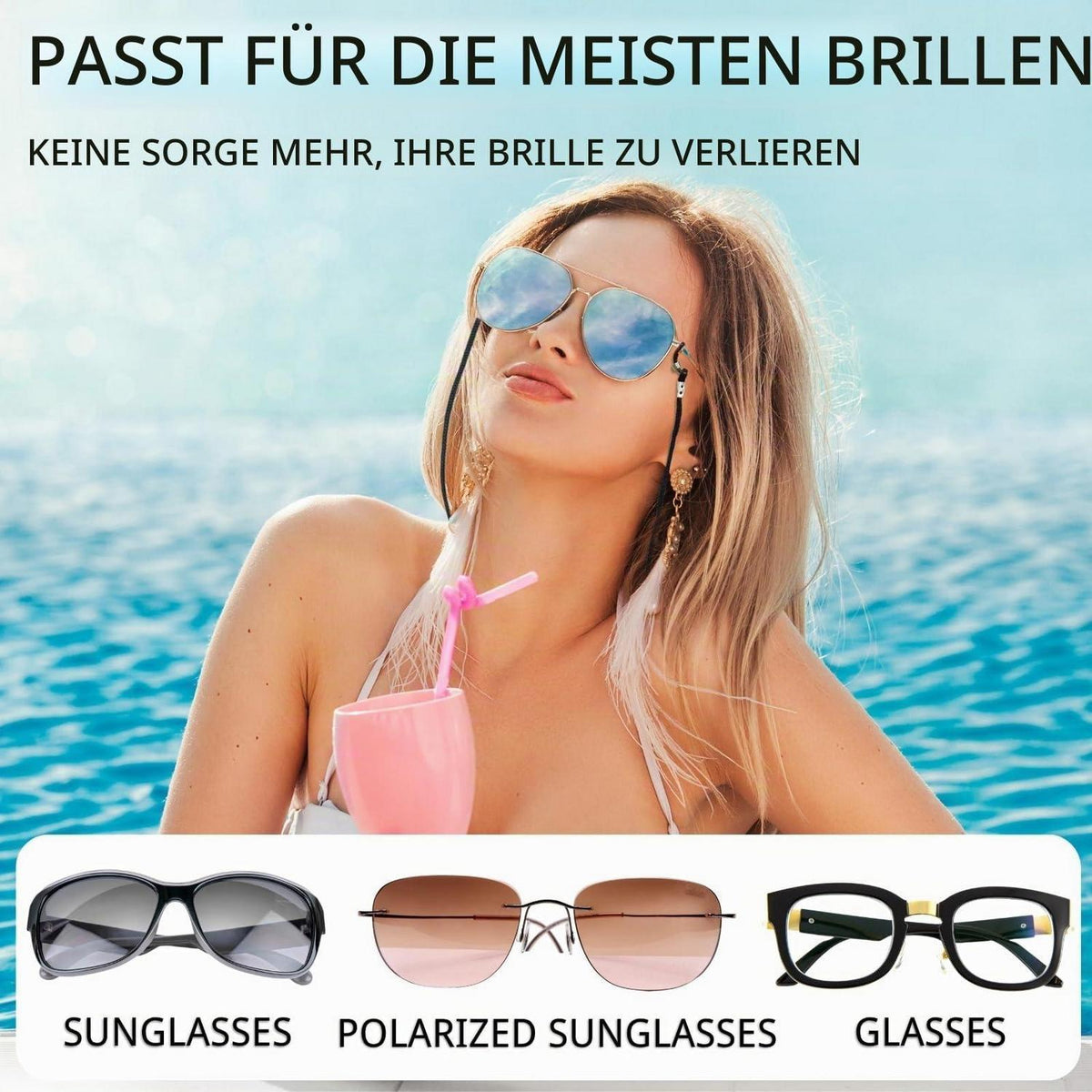 8x Brillenband Nylon Schwarz – Einstellbar & Mit Tuch