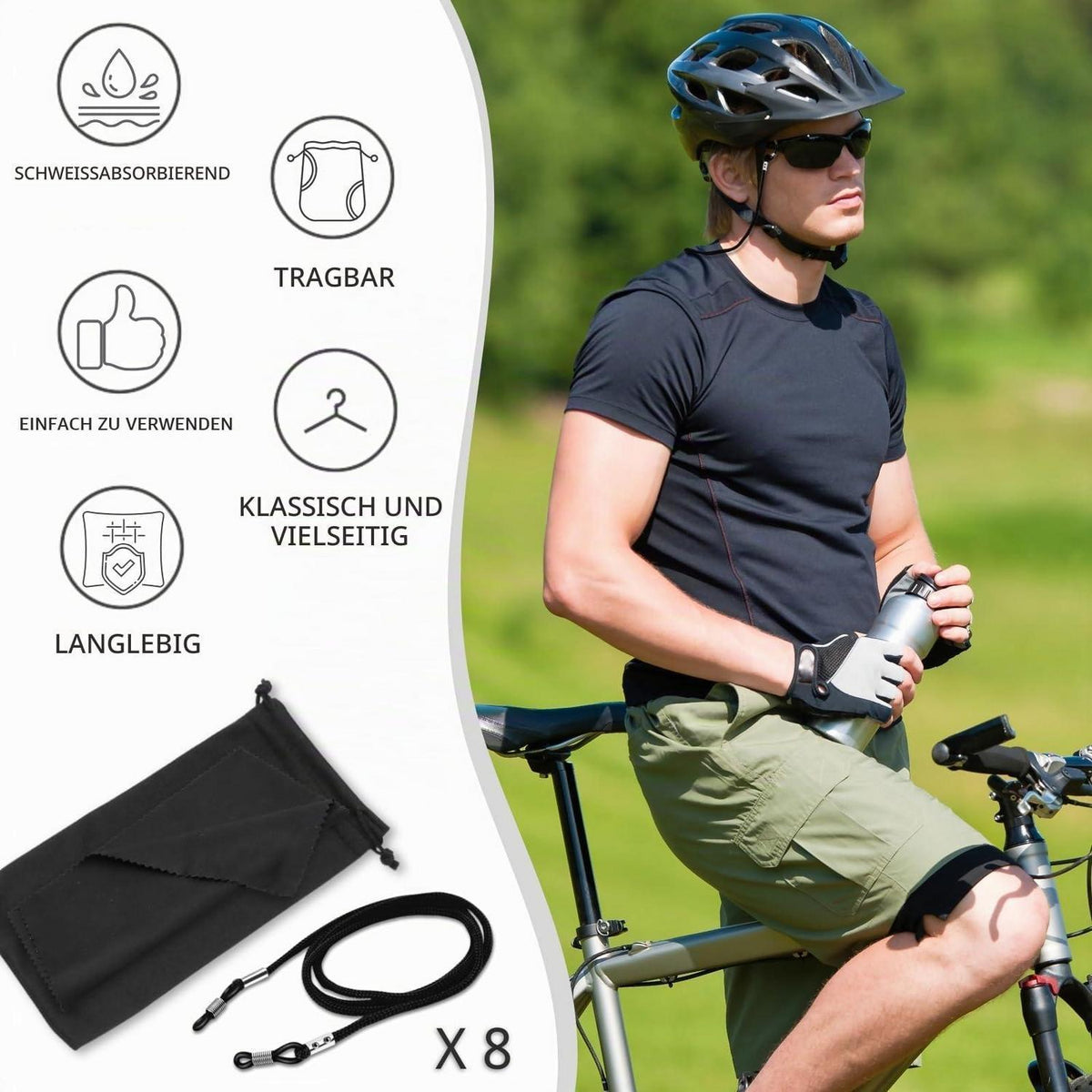 8x Brillenband Nylon Schwarz – Einstellbar & Mit Tuch