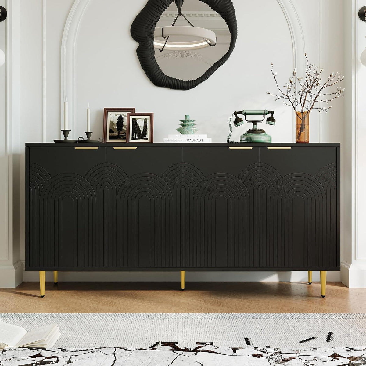 Holz Kommode mit 4 Türen – Sideboard Wohnzimmer Schwarz