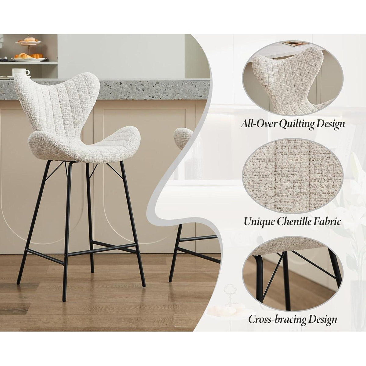 Moderner Barhocker 4er Set mit Chenille & Metallgestell