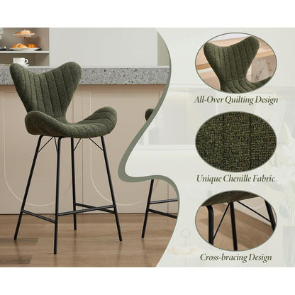 Moderner Barhocker 2er Set mit Chenille & Stepp-Rückenlehne Grün