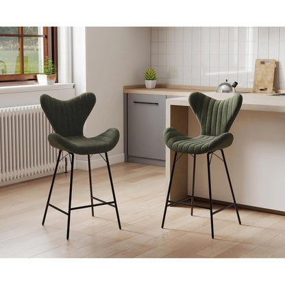 Moderner Barhocker 2er Set mit Chenille & Stepp-Rückenlehne Grün