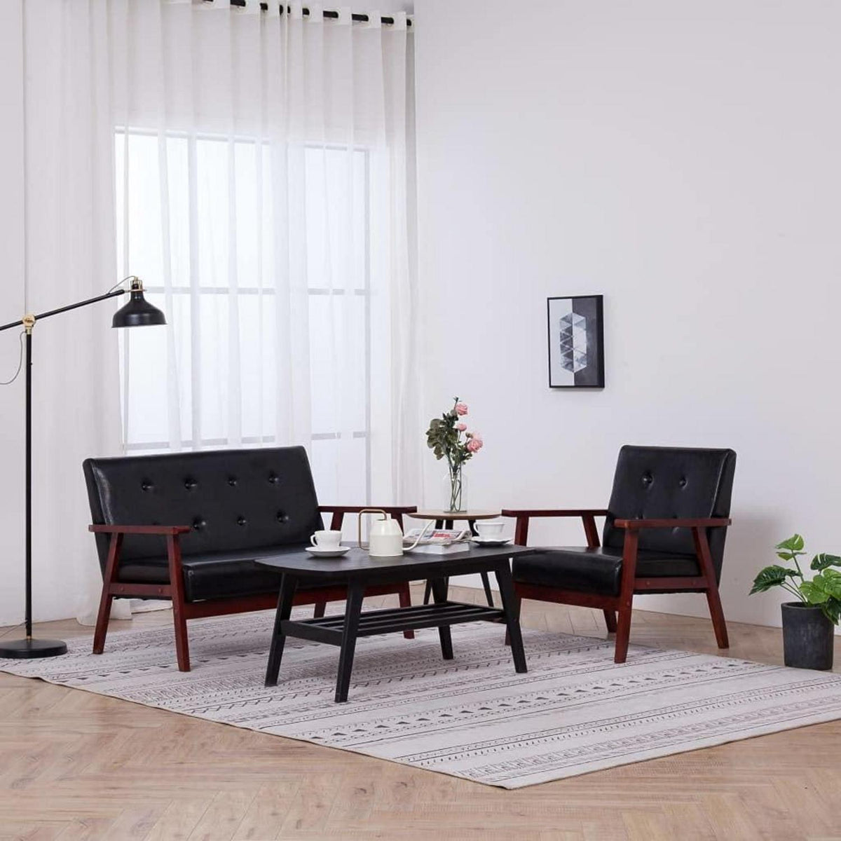 2-tlg. Sofagarnitur Schwarz Kunstleder mit Holzbeinen